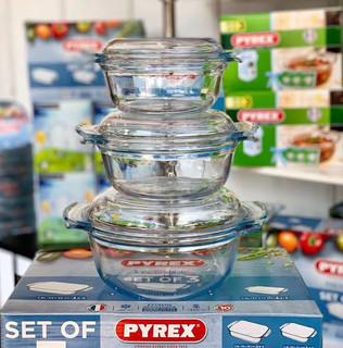 ست ۳ قابلمه پیرکس مارک PYREX وارداتی اصل فرانسه شعله مستقیم حجم ۱/۳ و ۲/۱ و ۳ لیتر
